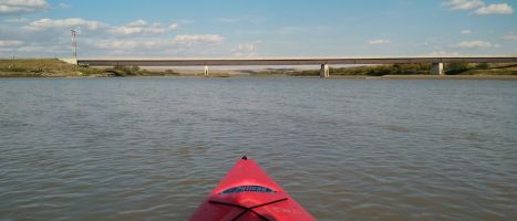 Kayaking by Highway 899 bridge across the Red Deer River